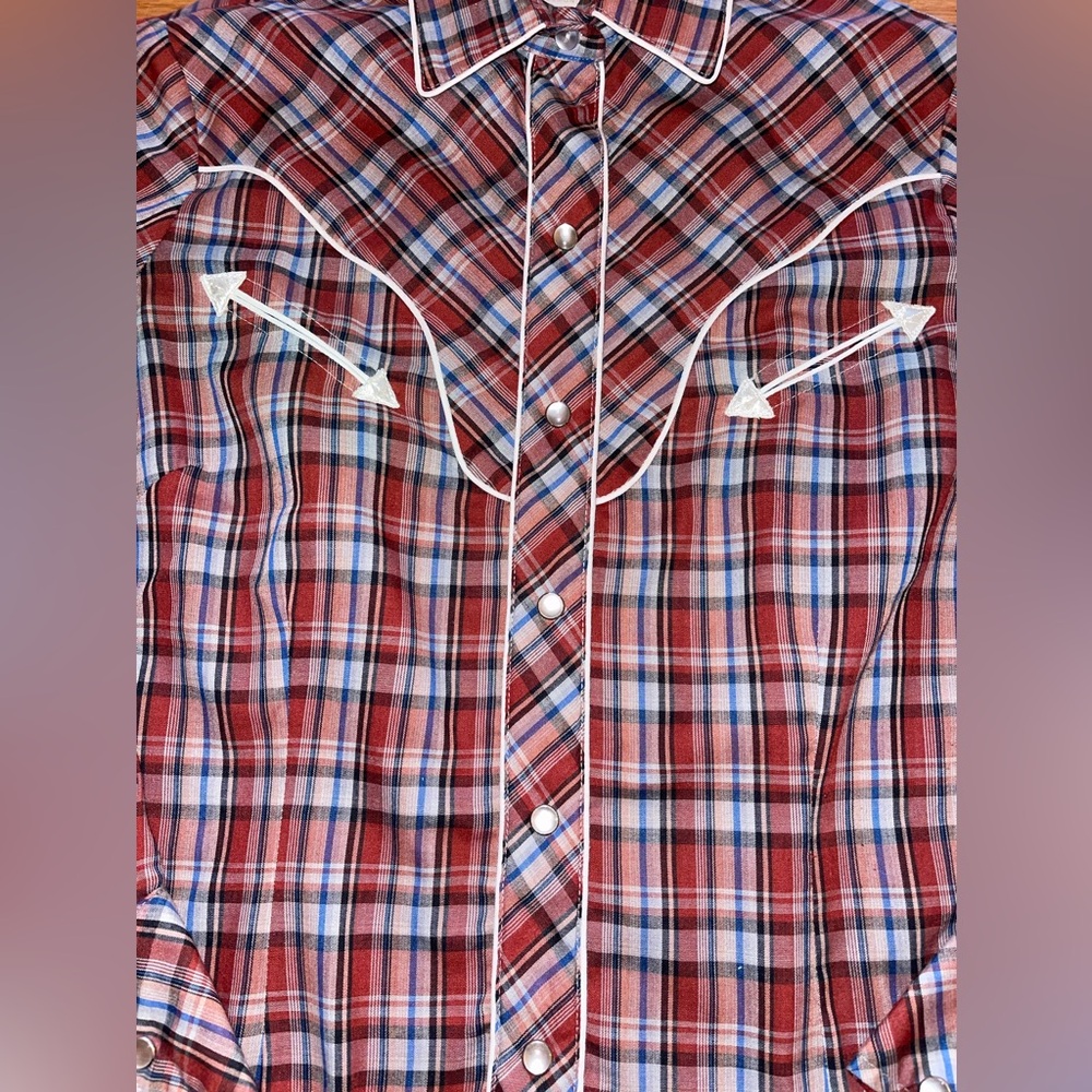 VINTAGE 1950 H BAR C Ranchwear RED Embroidered Plaid Pearl Snap Western Shirt 38 - Picture 7 of 8